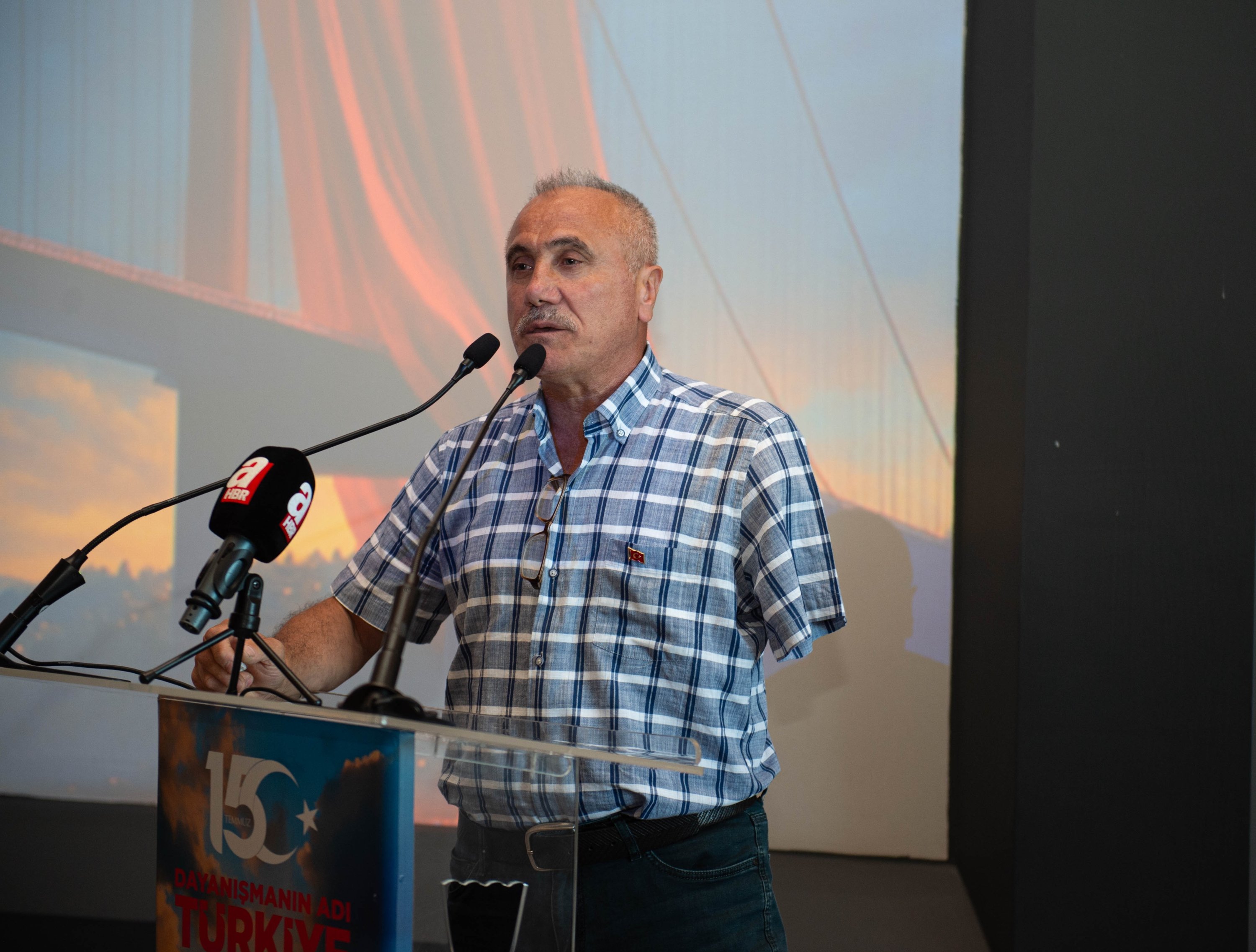 391617 Veteran Üzeyir Civan, who lost his left arm during the July 15 coup attempt, speaks at the event in Istanbul, Türkiye, July 14, 2025. (Turkuvaz Media Coutesy)