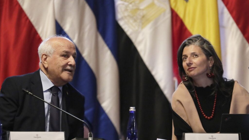 Palestinian Ambassador to the U.N. Riyad Mansour (L) and U.N. Special Rapporteur on the situation of human rights in the Occupied Palestinian Territories Francesca Albanese attend the opening of the Hague Group's emergency ministerial meeting, in Bogota, Colombia, July 15, 2025. (EPA Photo)