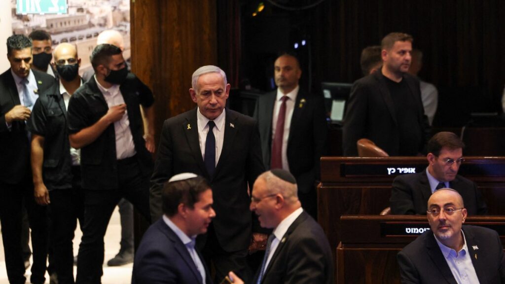 Israeli Prime Minister Benjamin Netanyahu walks at the plenum in the Knesset, Israel's parliament, ahead of a vote in Jerusalem, July 14, 2025. (Reuters Photo)
