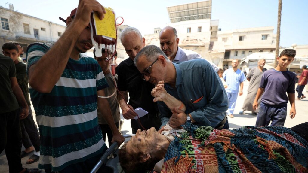 A wounded Palestinian Christian woman is brought into at al-Ahli Arab Hospital following an Israeli strike on The Church of the Holy Family, in Gaza City, central Gaza, July 17, 2025. (Reuters Photo)