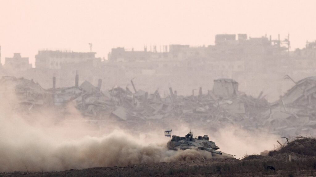 An Israeli tank maneuvers in Gaza, as seen from the Israeli side of the border, June 17, 2025. (Reuters Photo)
