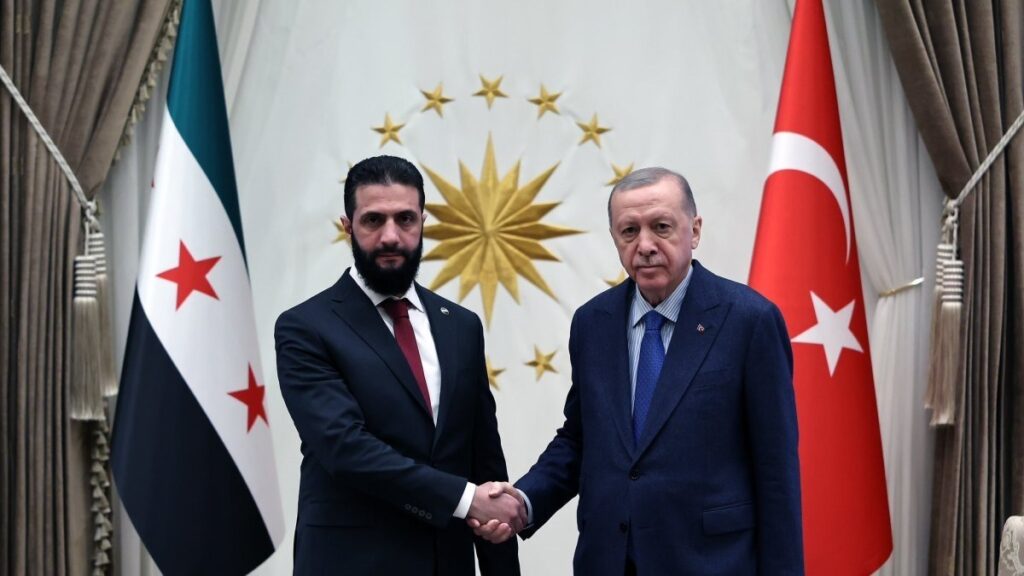 President Recep Tayyip Erdoğan and Syria's interim leader Ahmed al-Sharaa shake hands at the Presidential Complex in Ankara, Feb. 5, 2025. (Handout)