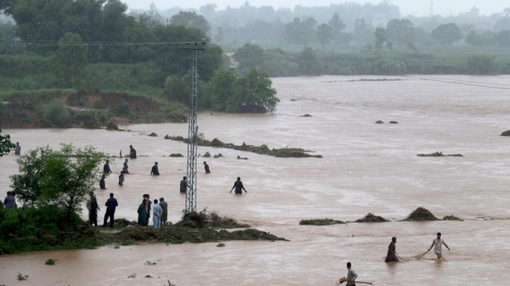Local people catch fish in the floodwaters during heavy monsoon rains at the Ladian village in Rawalpindi, Pakistan, July 17, 2025. (EPA Photo)