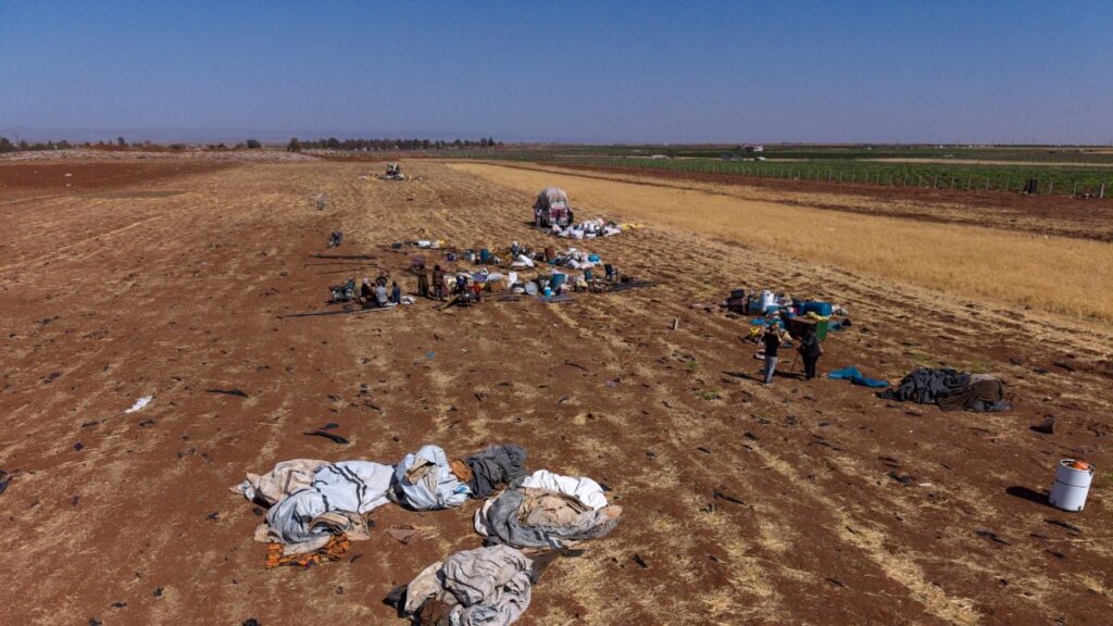 A photo taken with a drone shows displaced Arab Bedouins who fled the city of Suwayda, near the town of Busra al-Harir in the Daraa countryside, Syria, July 17, 2025. (EPA Photo)