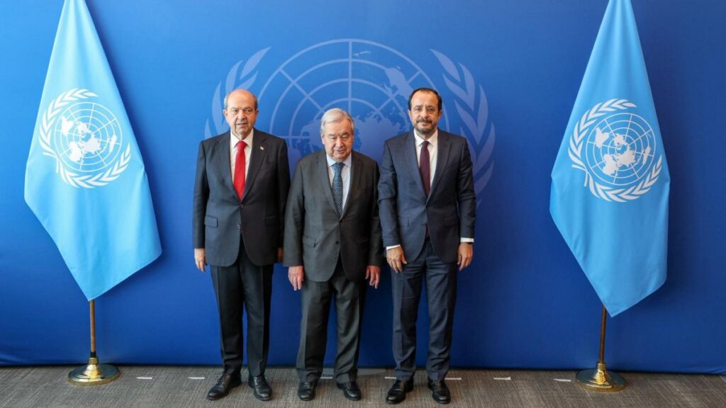 Ersin Tatar, the president of the Turkish Republic of Northern Cyprus (TRNC), U.N. Secretary-General Antonio Guterres, and Greek Cypriot leader Nikos Christodoulides pose for a photo in New York, U.S., July 17, 2025. (AA Photo)