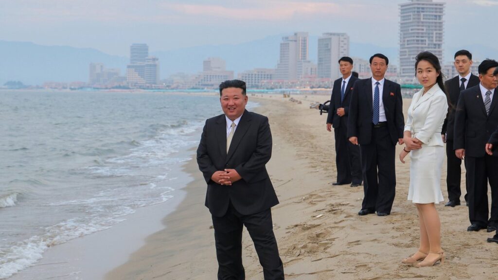 North Korean leader Kim Jong Un (L) and his daughter Kim Ju Ae (3rd R) stand on a beach during a ceremony marking the opening of the Wonsan Kalma Coastal Tourist Zone, Wonsan, North Korea, June 24, 2025. (EPA Photo)