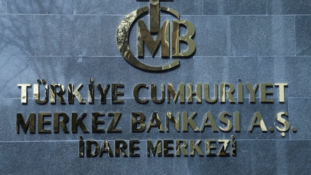 A logo of the Central Bank of the Republic of Türkiye is pictured at the entrance to its headquarters, Ankara, Türkiye, Feb. 8, 2024. (Reuters Photo)