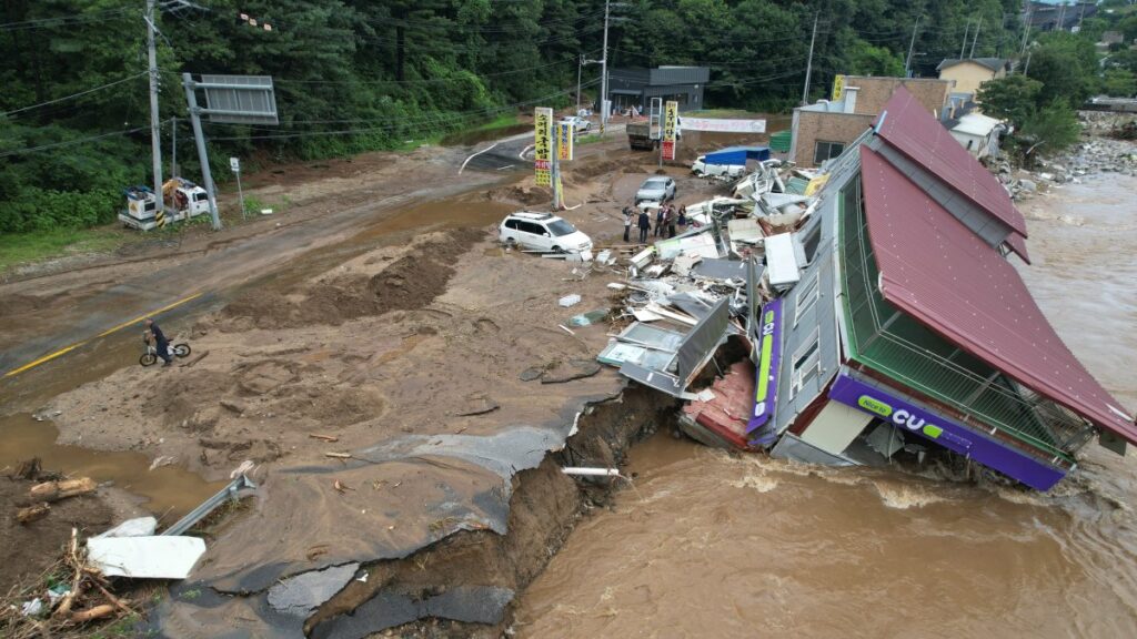 A building destroyed by heavy rain in Gapyeong, Gyeonggi Province, South Korea, July 20, 2025. (EPA Photo)