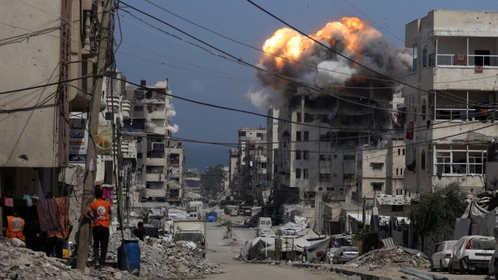 Smoke and flames rise from a residential building hit by an Israeli strike, in Gaza City, central Gaza Strip, Palestine, July 21, 2025. (Reuters Photo)