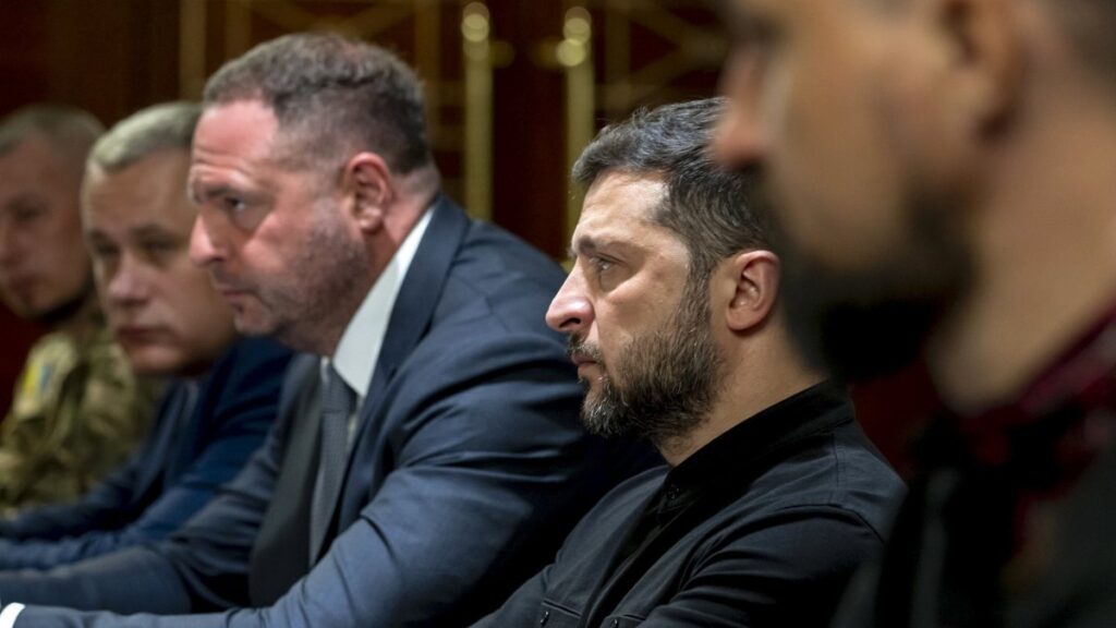 A handout photo made available by the Presidential Press Service shows Ukrainian President Volodymyr Zelenskyy attending his meeting with the French foreign minister in Kyiv, Ukraine, July 21, 2025. (EPA Photo)