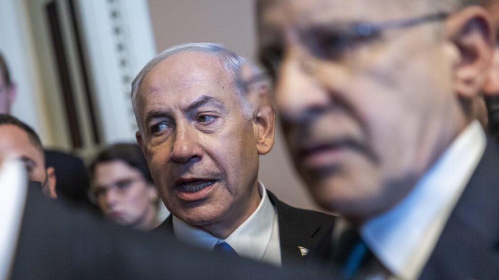 Israeli Prime Minister Benjamin Netanyahu (C) walks to a meeting with bipartisan Senate leadership in the U.S. Capitol, in Washington, U.S., July 9, 2025. (EPA Photo)