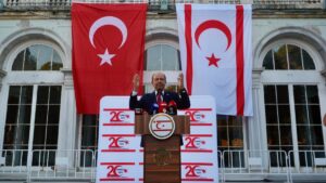 Turkish Republic of Northern Cyprus (TRNC) President Ersin Tatar is seen speaking during a reception in Beykoz, Istanbul, Türkiye, July 22, 2025 (AA Photo)