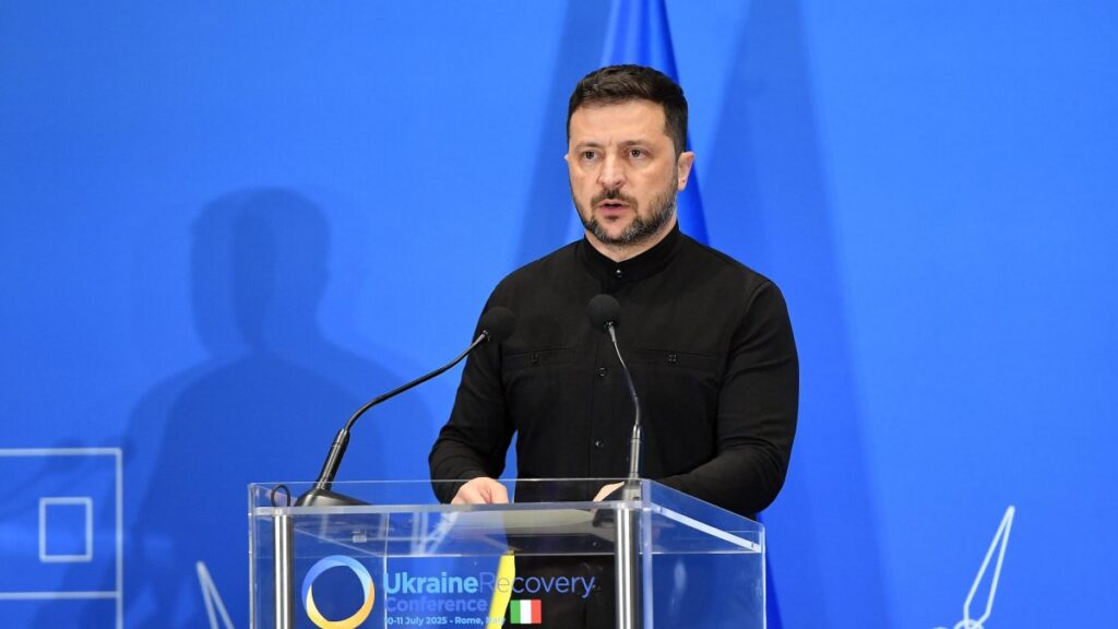 Ukraine President Volodymyr Zelenskyy delivers a speech during the Ukraine Recovery Conference 2025 at Convention Center La Nuvola, Rome, Italy, July 10, 2025. (EPA Photo)