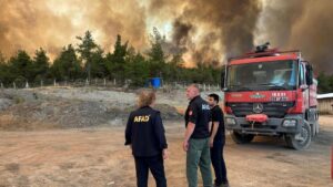 A photo shared by the Disaster and Emergency Management Authority (AFAD) shows personnel in front of ongoing forest fires, Türkiye, July 25, 2025 (AA Photo)