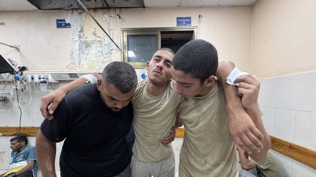 Some of the 10 Palestinian children, aged between 15 and 18, who were detained by the Israeli army from a humanitarian aid area in the al-Shakoush region, receive treatment at Nasser Hospital, Rafah, Gaza, Palestine, July 24, 2025. (AA Photo)