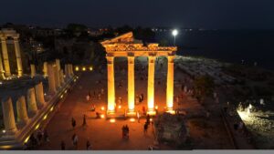 Side Ancient City glows softly under the Mediterranean night, Antalya, Türkiye, July 22, 2025. (AA Photo)