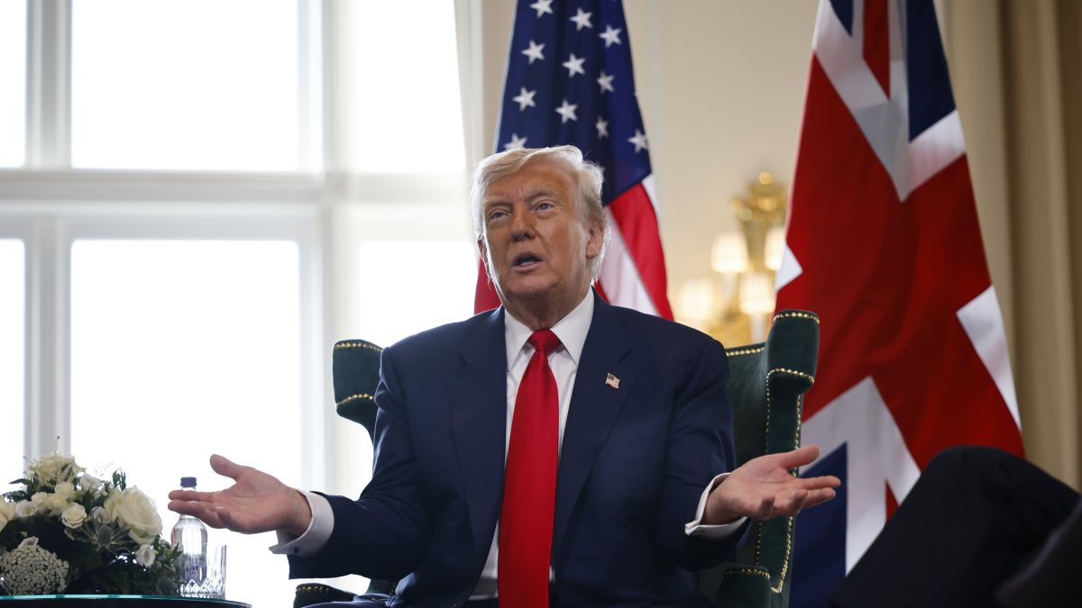 U.S. President Donald J. Trump gestures during a meeting with the British prime minister at the Trump Turnberry golf resort in Turnberry, Scotland, Britain, July 28, 2025. (EPA Photo)