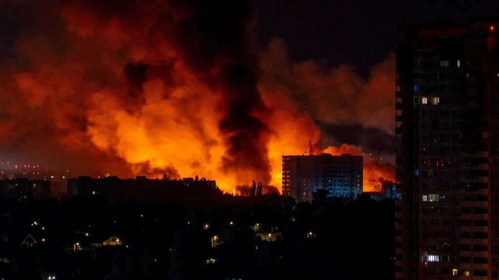 Flames and smoke billow from buildings during mass Russian drone and missile strikes on Ukraine's capital Kyiv, July 4, 2025. (AFP Photo)