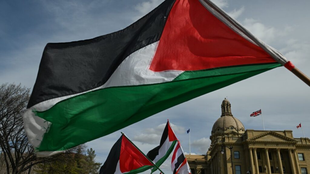 Pro-Palestinian activists gather during the 'Stop The Genocide' rally in Edmonton, Alberta, Canada, April 13, 2025. (Getty Images)