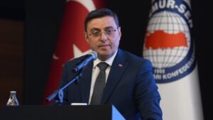 Serkan Bayram delivers a speech at the "Film Screenings" event organized by Genç Memur-Sen, Ankara, Türkiye, July 2, 2025. (AA Photo)