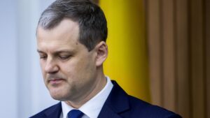 Lithuanian Prime Minister Gintautas Paluckas speaks during a press conference in Chisinau, Moldova, May 23, 2025. (EPA Photo)
