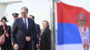Serbian President Aleksandar Vucic (front) arrives at the Vnukovo airport ahead of celebrations of the 80th anniversary of the Soviet Union's victory over Nazi Germany during World War II, Moscow, Russia, May 7, 2025. (AP Photo)