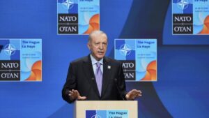 Turkish President Recep Tayyip Erdoğan speaks during a press conference after the plenary session at the NATO summit in The Hague, Netherlands, June 25, 2025. (AP Photo)