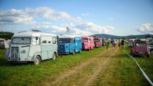 A Citroen 2CV extended van drives through a camp during the 25th World Meeting of 2CV Friends in Postojna, Slovenia, July 30, 2025. (AFP Photo)