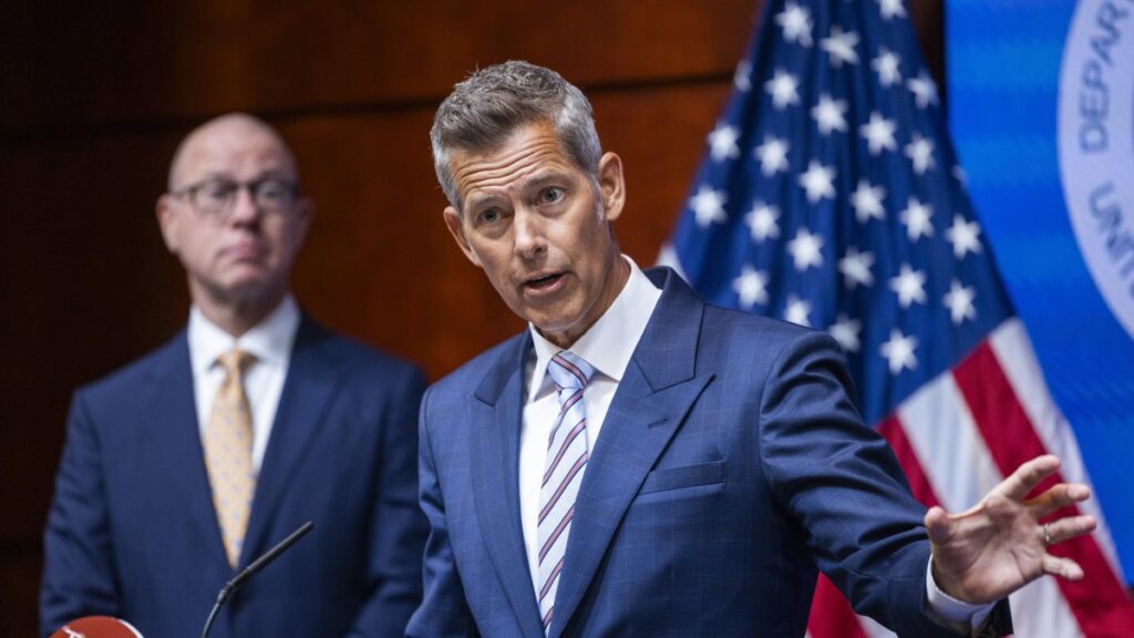 U.S. Transportation Secretary Sean Duffy (R) speaks during a press conference to promote American drone production at the Department of Transportation, Washington, U.S., Aug. 5, 2025. (EPA Photo)