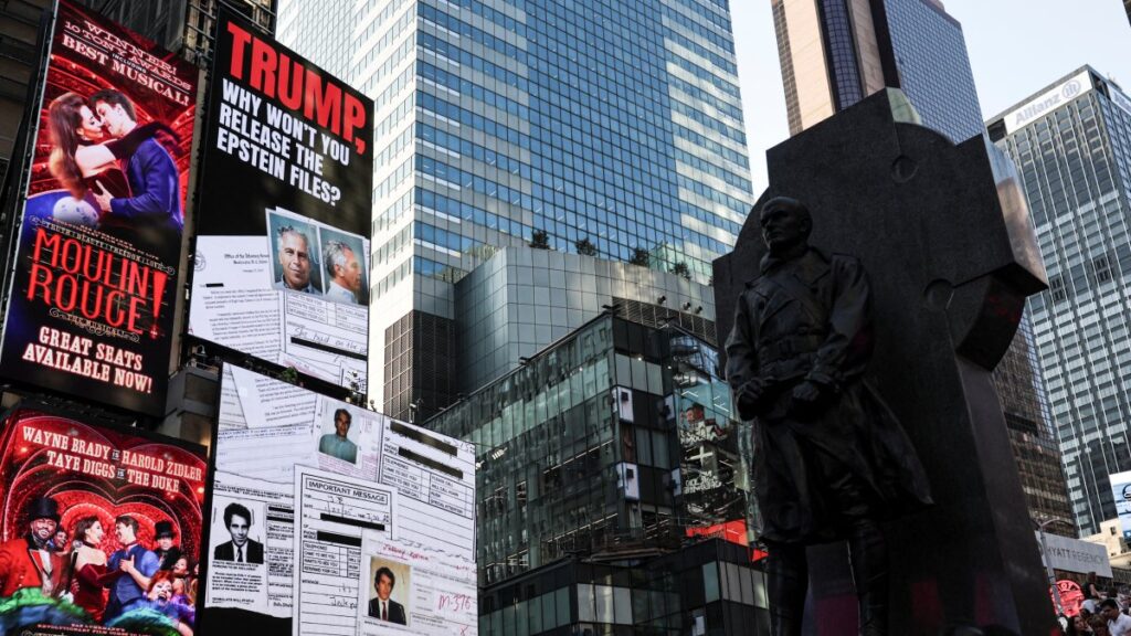 A screen displaying information about the Jeffrey Epstein files is shown in Times Square, New York City, U.S., July 23, 2025. (Reuters Photo)
