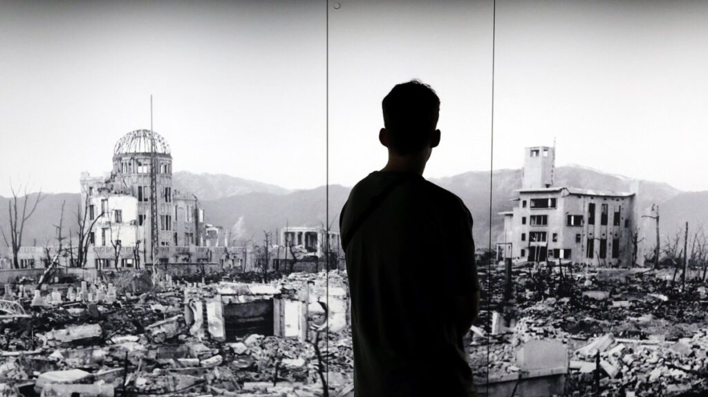 A visitor looks at a huge picture of Hiroshima devastated by the world's first atomic bombing at the Hiroshima Peace Memorial Museum, Hiroshima, western Japan, Aug. 5, 2025. (EPA Photo)