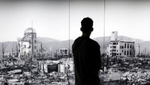 A visitor looks at a huge picture of Hiroshima devastated by the world's first atomic bombing at the Hiroshima Peace Memorial Museum, Hiroshima, western Japan, Aug. 5, 2025. (EPA Photo)