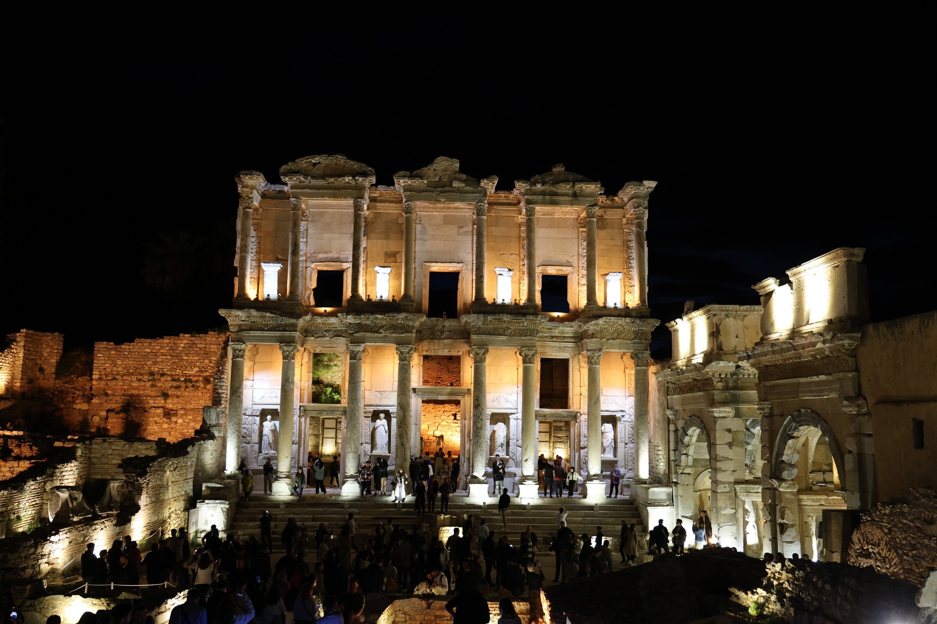 395632 People visit the ancient city of Ephesus as part of the newly launched nighttime museum initiative, Izmir, western Türkiye, April 4, 2024. (IHA Photo)