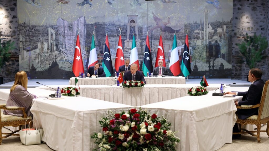 President Recep Tayyip Erdoğan (C), Italian Prime Minister Giorgia Meloni (L) and Prime Minister of the Libyan Government of National Unity Abdul Hamid Mohammed Dbeibah attend a meeting during the Türkiye-Italy-Libya Cooperation Summit, Istanbul, Türkiye, Aug. 1, 2025. (İHA Photo)