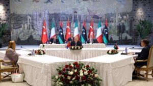 President Recep Tayyip Erdoğan (C), Italian Prime Minister Giorgia Meloni (L) and Prime Minister of the Libyan Government of National Unity Abdul Hamid Mohammed Dbeibah attend a meeting during the Türkiye-Italy-Libya Cooperation Summit, Istanbul, Türkiye, Aug. 1, 2025. (İHA Photo)