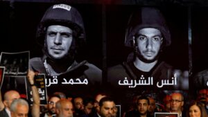 Al-Jazeera staff members gather at the network’s studios to remember their colleagues killed in Gaza City by an Israeli strike, Doha, Qatar, Aug. 11, 2025. (Reuters Photo)