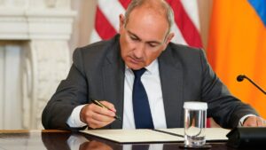 Armenian Prime Minister Nikol Pashinyan attends the signing ceremony during the peace summit with Azerbaijan in the State Dining Room of the White House, Washington, U.S., Aug. 8, 2025. (EPA Photo)